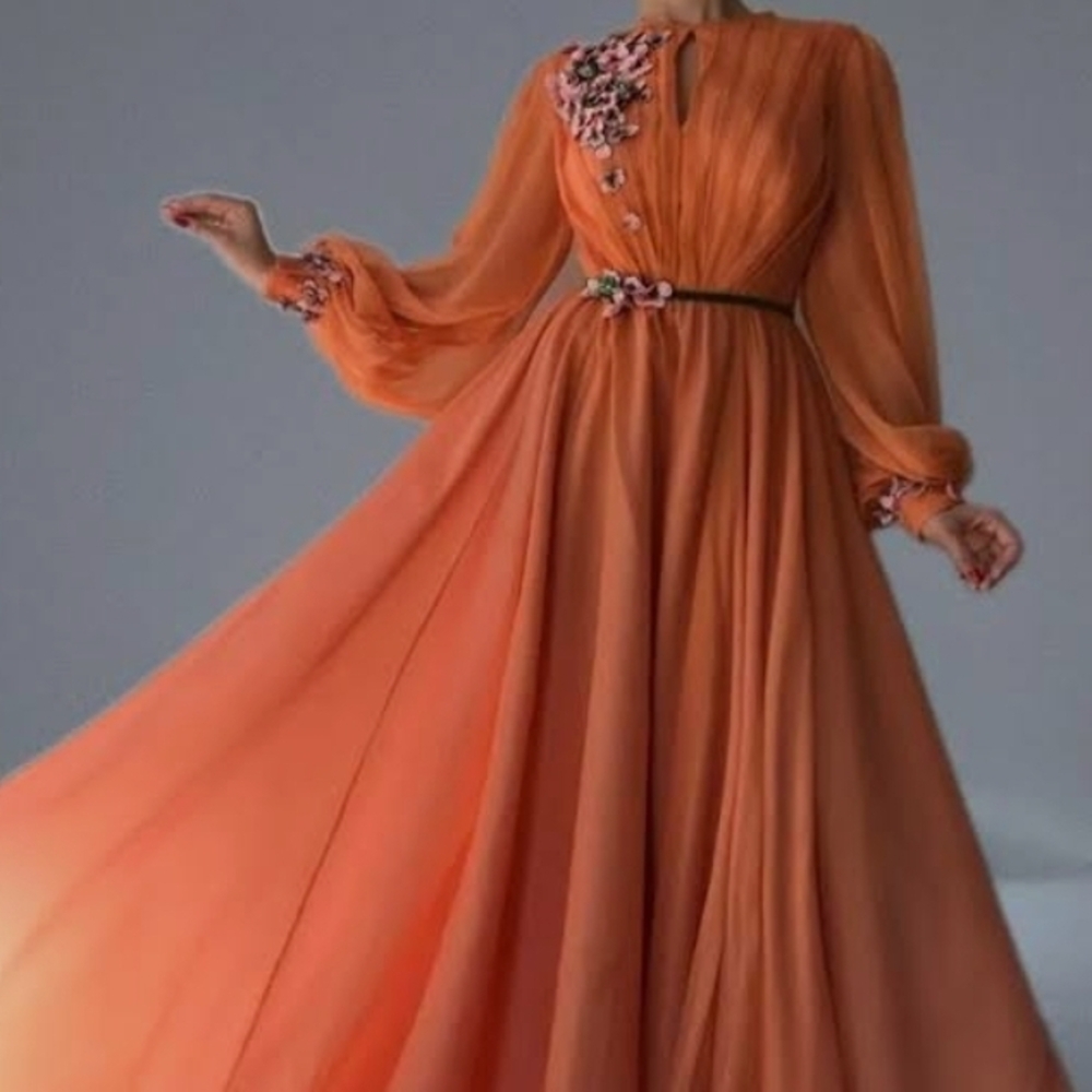 Orange Embellished Pleated Long Sleeve Gown